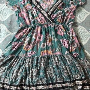 Maurices Teal Floral Top with Pink and Mustard Accents